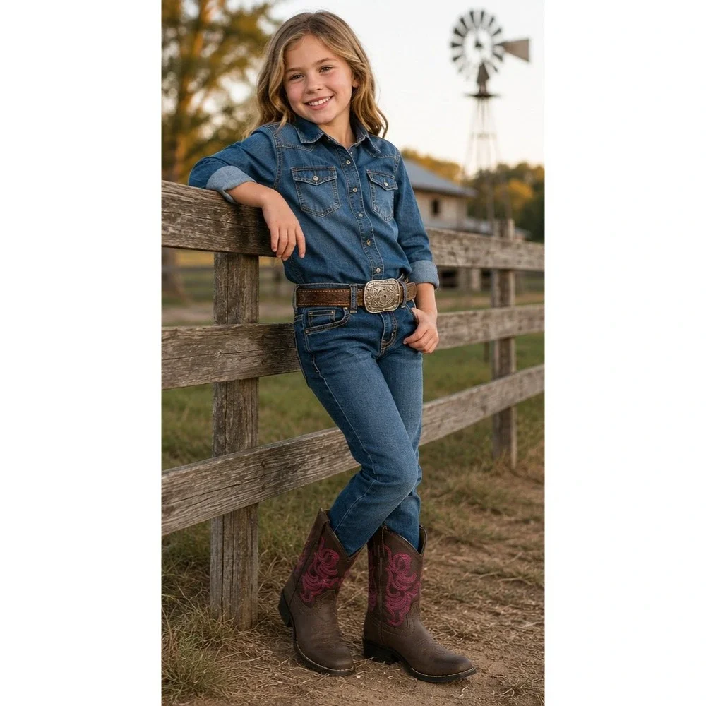 SMOKY MOUNTAIN BOOTS Youth Brown Leather Cowboy Boots Pink Stitch Size 2R